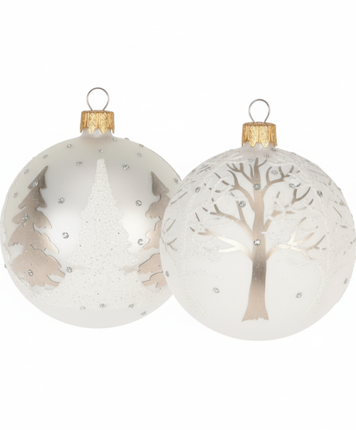 Sada 2 ks - Vánoční koule skleněná se stromky, perleťová/bílá (8 cm)