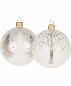 Sada 2 ks - Vánoční koule skleněná se stromky, perleťová/bílá (8 cm)