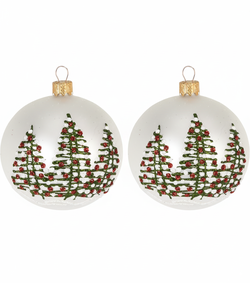 Sada 2 ks - Vánoční koule Deco skleněná s jehličnany, bílá (8 cm)