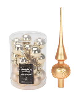 Set - Vánoční špička (sklo, 25 cm) + Sada ozdob 24 ks, ø 2,5 cm, lesklá/matná zlatá