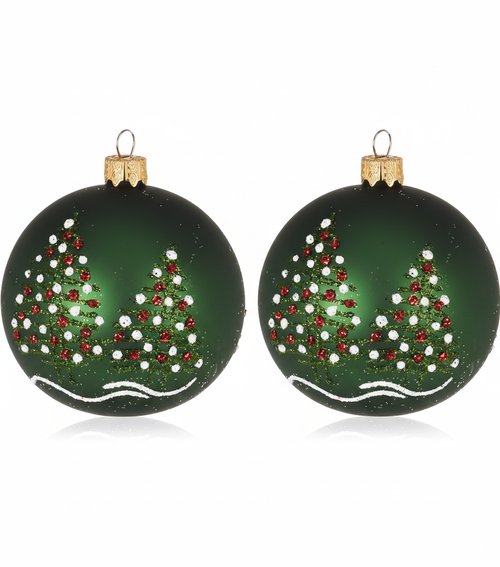 Sada 2 ks - Vánoční koule Deco skleněná s jehličnany, zelená (8 cm)