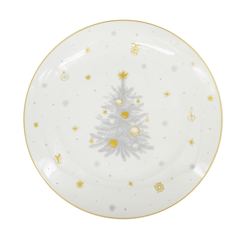 Vánoční mělký porcelánový talíř Stříbrná Koleda, pr. 27 cm, stříbrný/zlatý