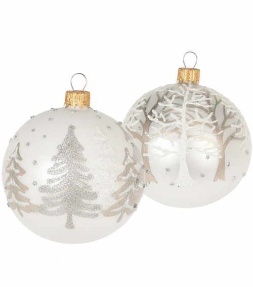 Sada 2 ks - Vánoční koule skleněná se stromky, bílá/perleťová (8 cm)