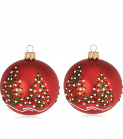 Sada 2 ks - Vánoční koule Deco skleněná s jehličnany, červená (8 cm)