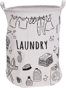 Koš na prádlo Round Wash 40×50 cm – bílá/černá, motiv Praní a kolíčky