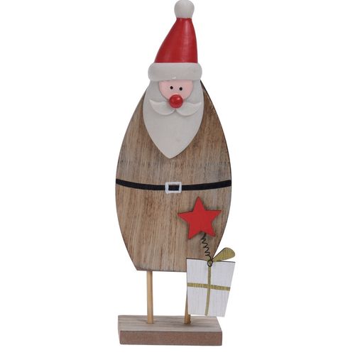 Dřevěná vánoční dekorace Santa s dárkem, hnědá